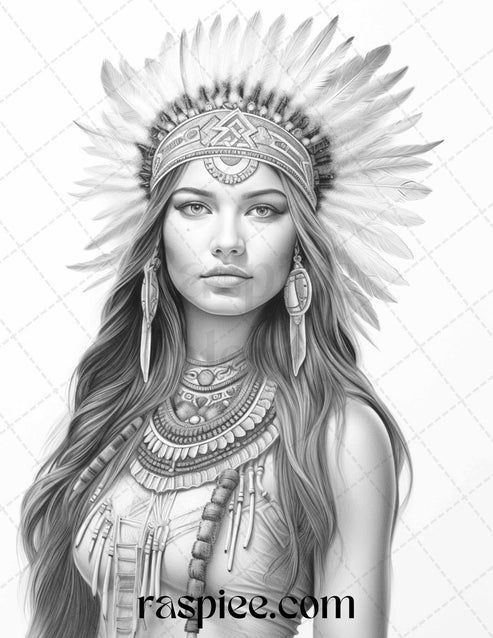 Native american portrait grayscale coloring pages printable for adults native american drawing grayscale coloring native american tattoos