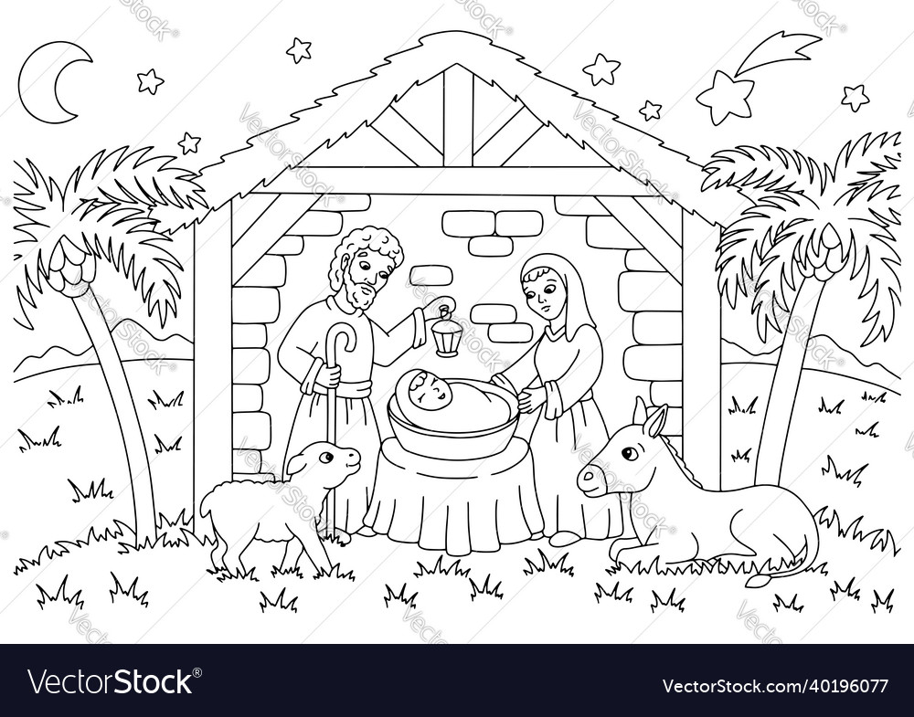 Nativity scene coloring book page for kids vector image