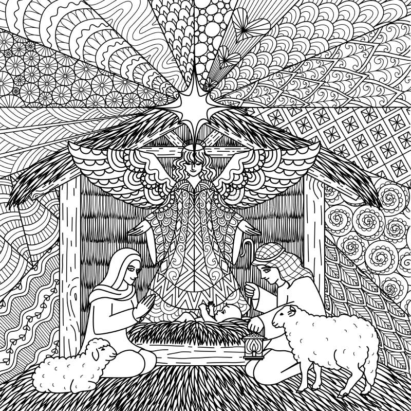 Line art of nativity scene of christmas for coloring book coloring page or print on things vector illustration stock vector