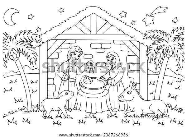 Nativity scene coloring book page kids stock vector royalty free