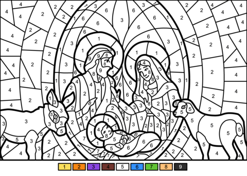 Christmas nativity scene color by number free printable coloring pages