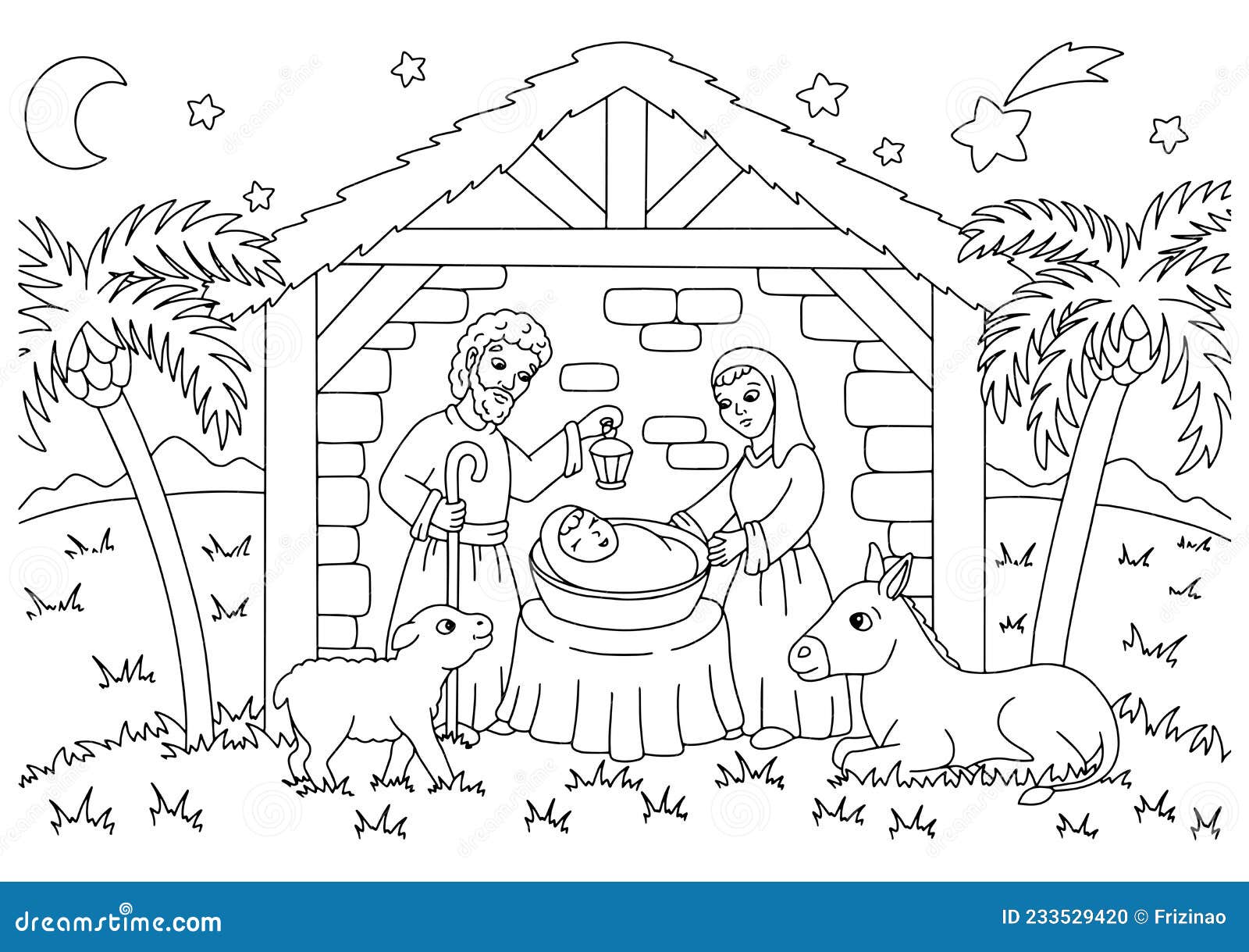 Nativity scene coloring book page for kids cartoon style character stock vector