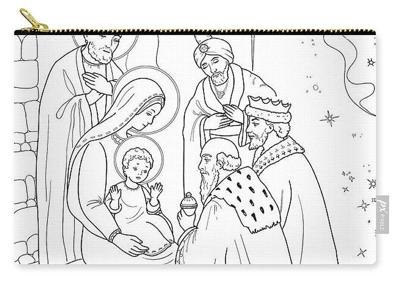 Christmas coloring page with baby jesus mary joseph three wis zip pouch by olha zolotnyk