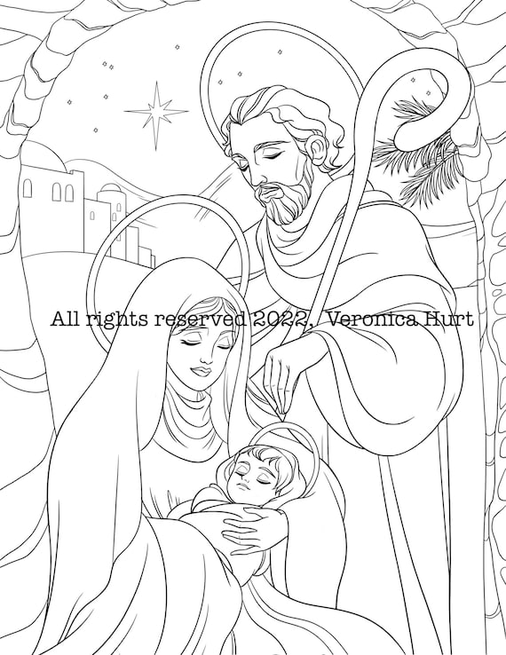 Holy family nativity catholic coloring page for kids and adults