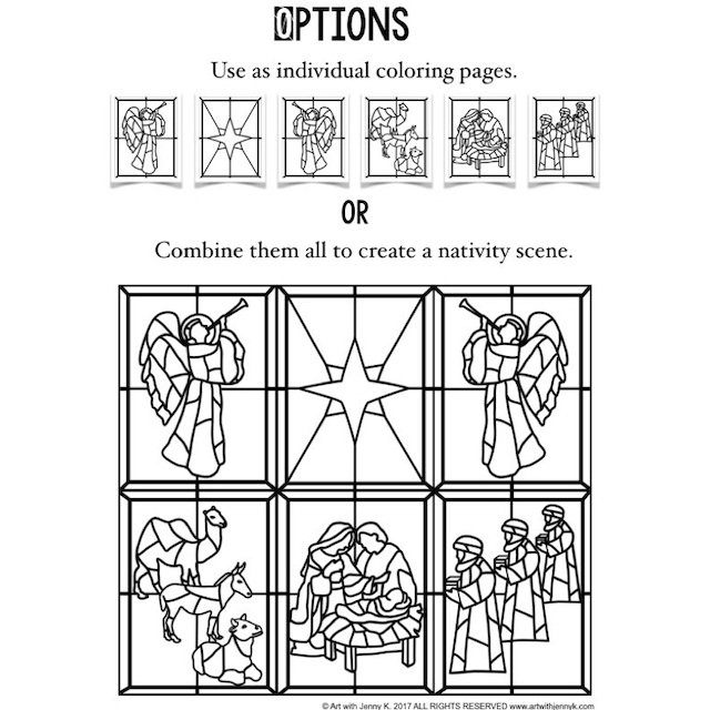 Stained glass christian christmas nativity scene coloring pages