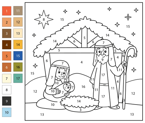 Christmas nativity color by number free printable coloring pages