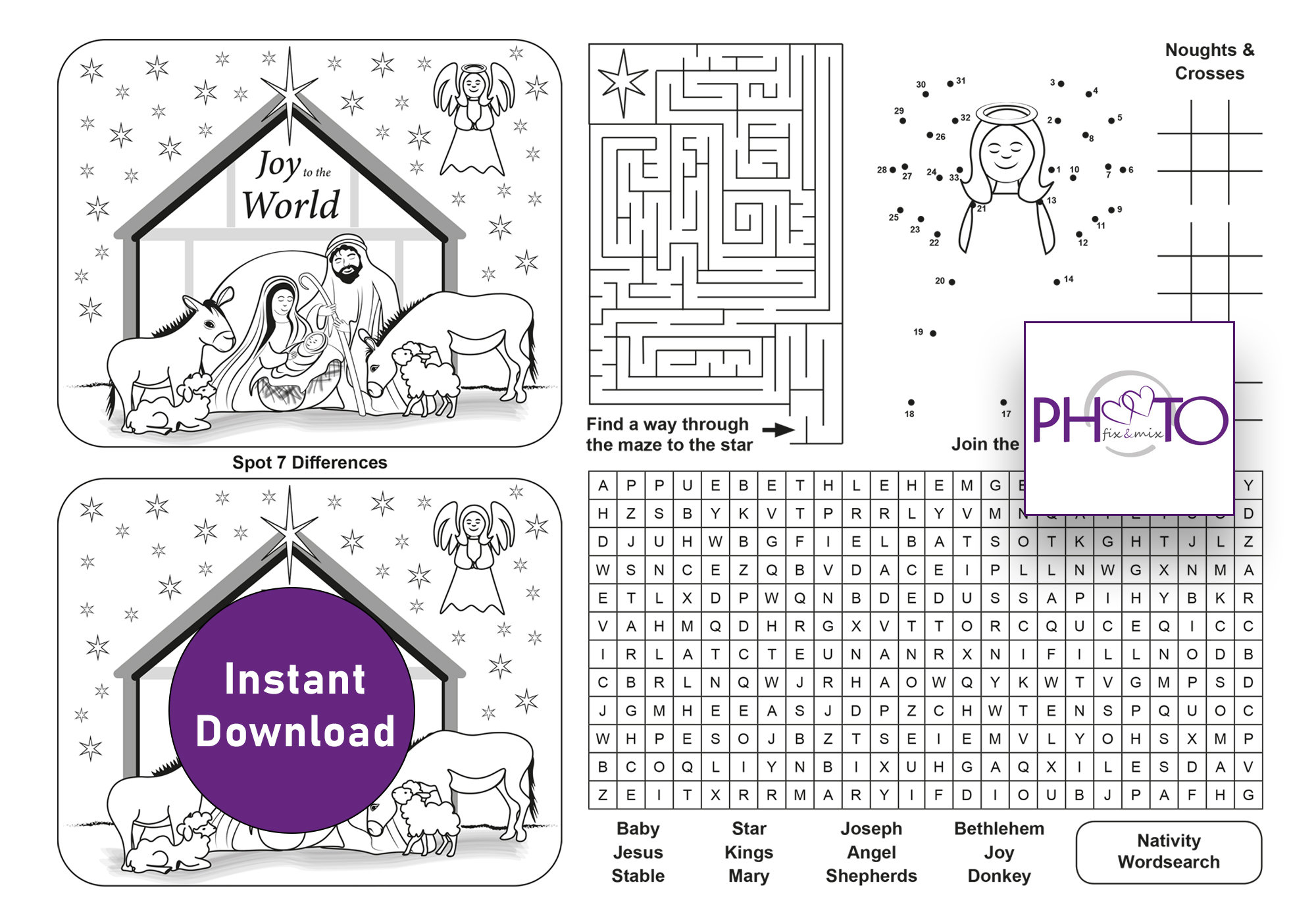 Nativity activity print with puzzles includes spot the difference word search angel dot to dot find the star maze