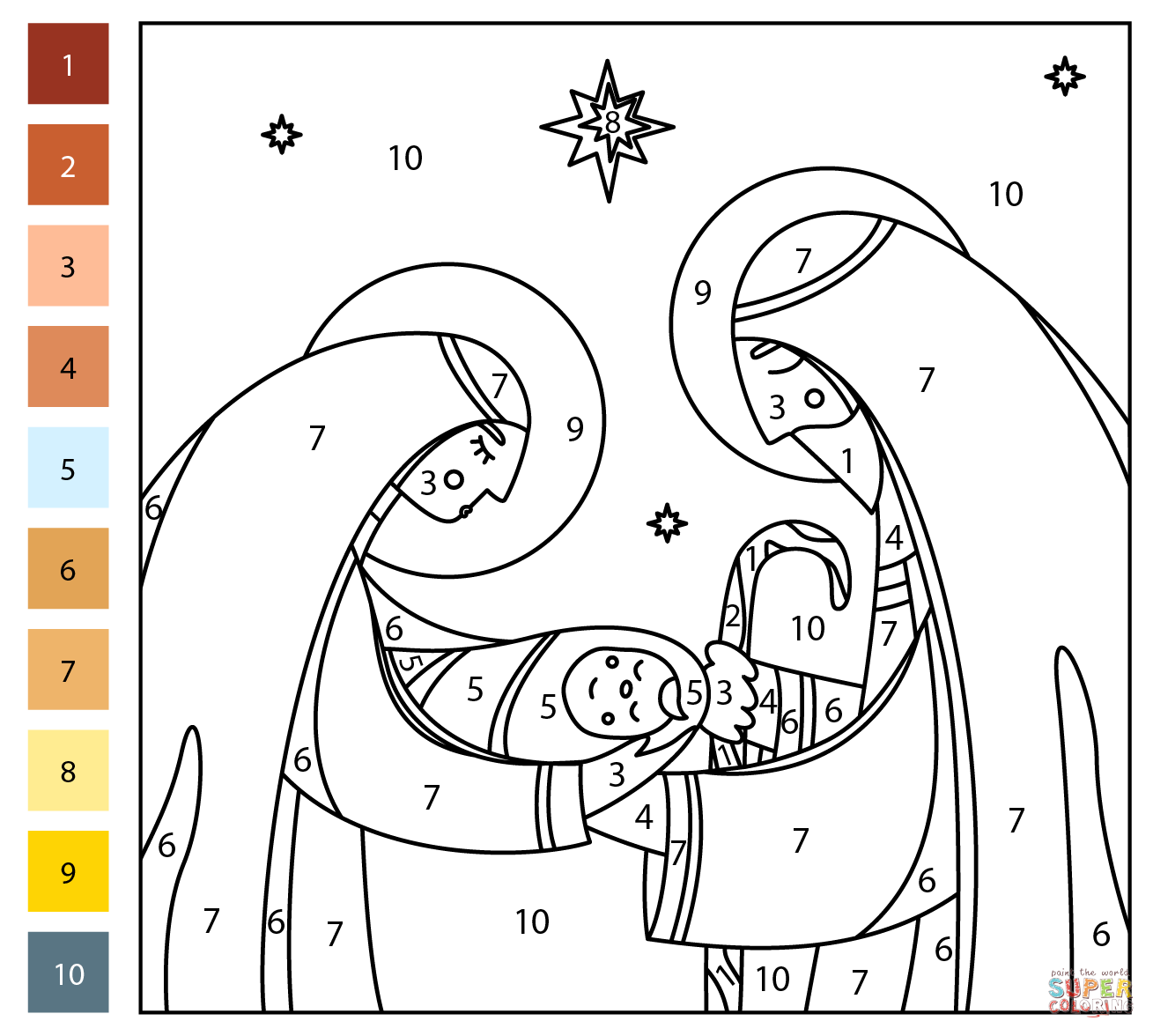 Christmas nativity color by number free printable coloring pages