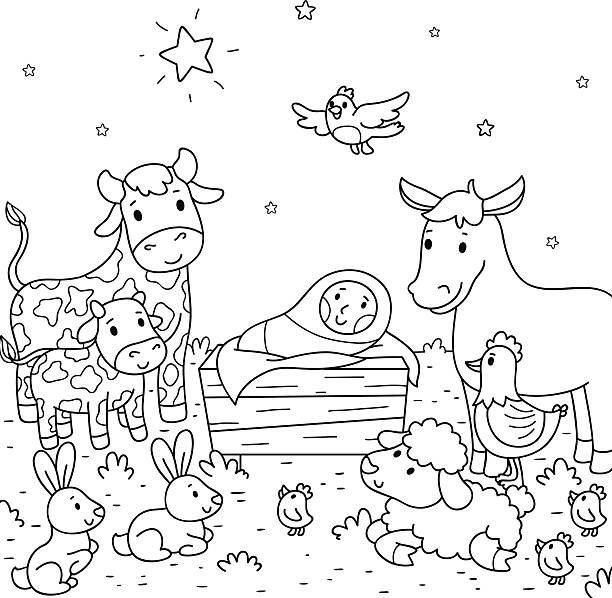 Christmas illustration baby jesus and animals stock illustration