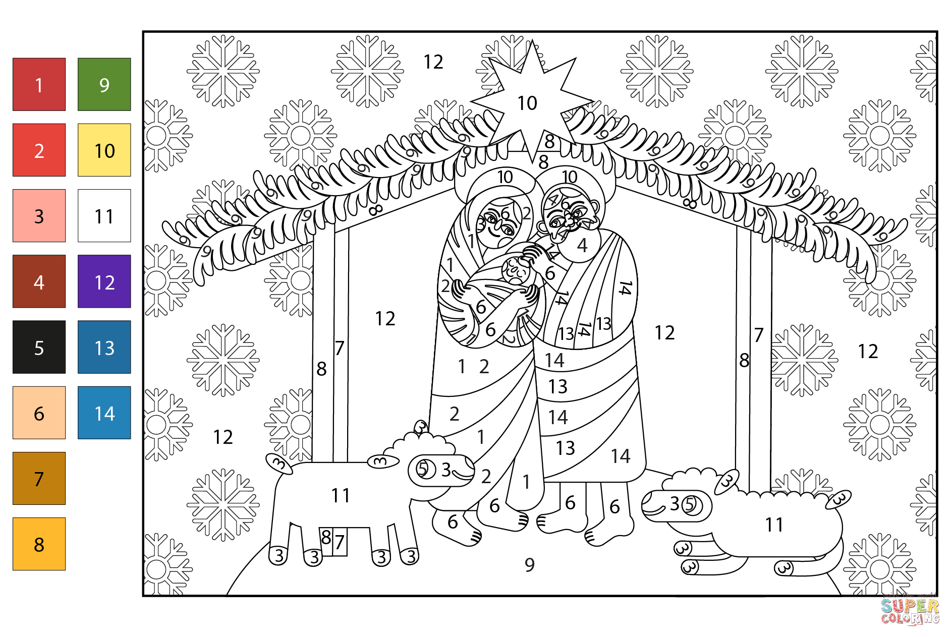 Christmas nativity color by number free printable coloring pages