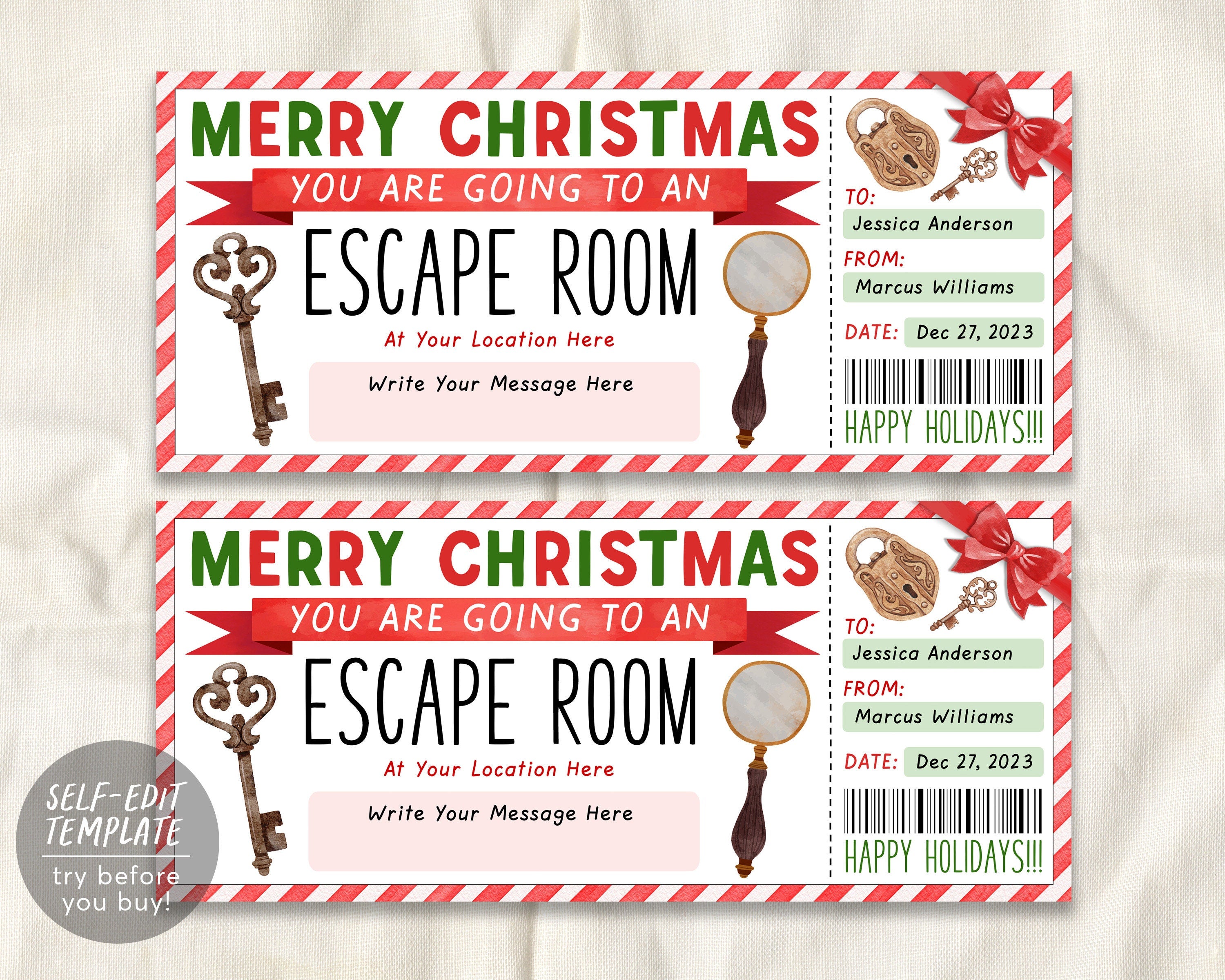 Christmas escape room ticket editable template surprise holiday game â puff paper co