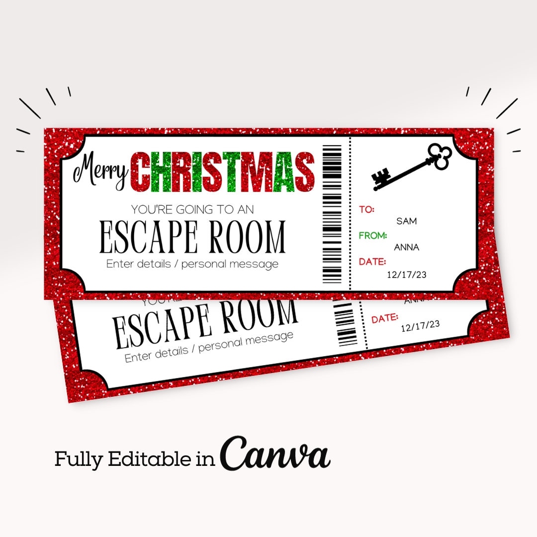 Christmas escape room voucher escape room ticket template printable christmas game room invitation personalized holiday gift ticket