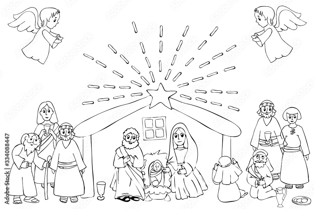 Hand drawn coloring pages for kids and adult a christmas nativity scene coloring cartoon vector