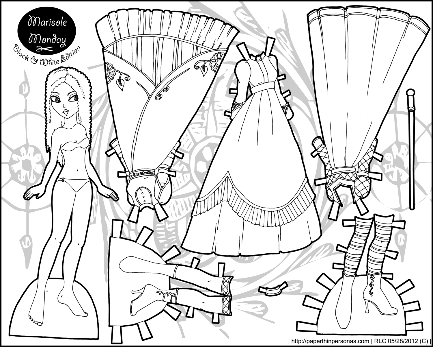 A princess paper doll in black and white â paper thin personas