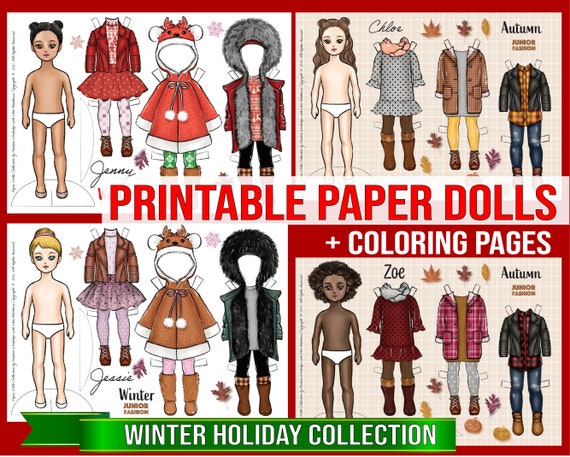 Winter holiday sets bundle printable paper dolls with coloring pages christmas autumn themes diy art hobby instant download jpeg files