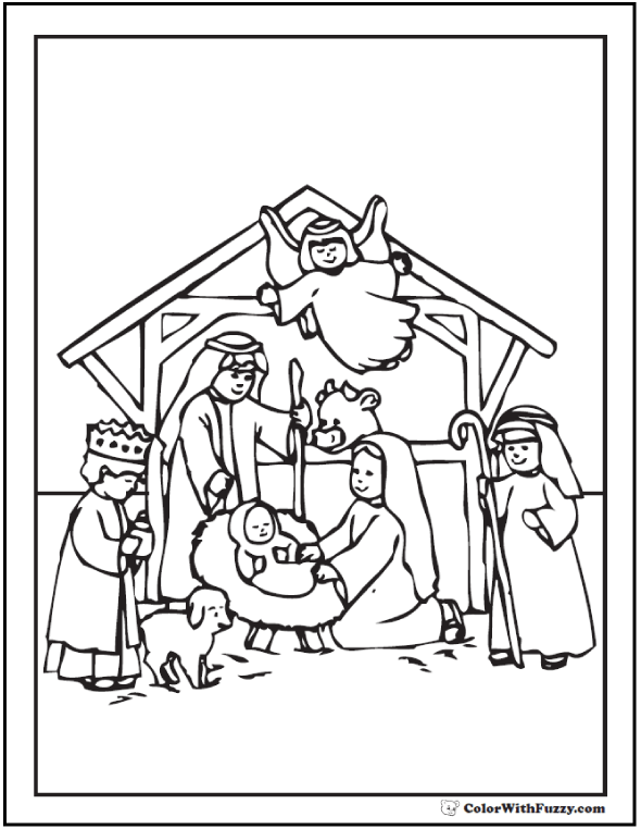 Nativity scene coloring sheet angel and holy family