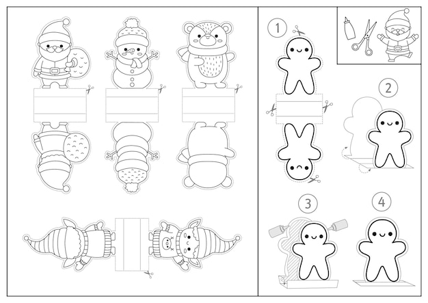 Premium vector vector black and white christmas paper dolls set cute line finger puppets or chips with santa claus snowman elf bear for kids winter holiday cut out craft cards new