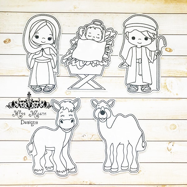 Coloring flat dolls nativity scene baby jesus mary and joseph ith embroidery designs