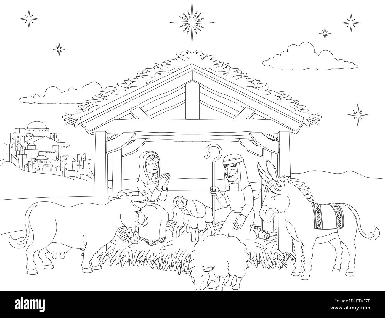 Cartoon christmas nativity scene coloring stock vector image art