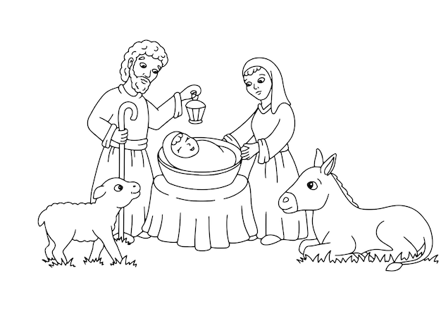 Premium vector nativity scene coloring book page for kids