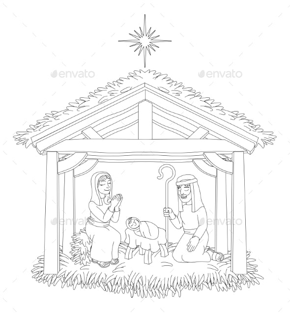 Christmas nativity scene cartoon coloring vectors