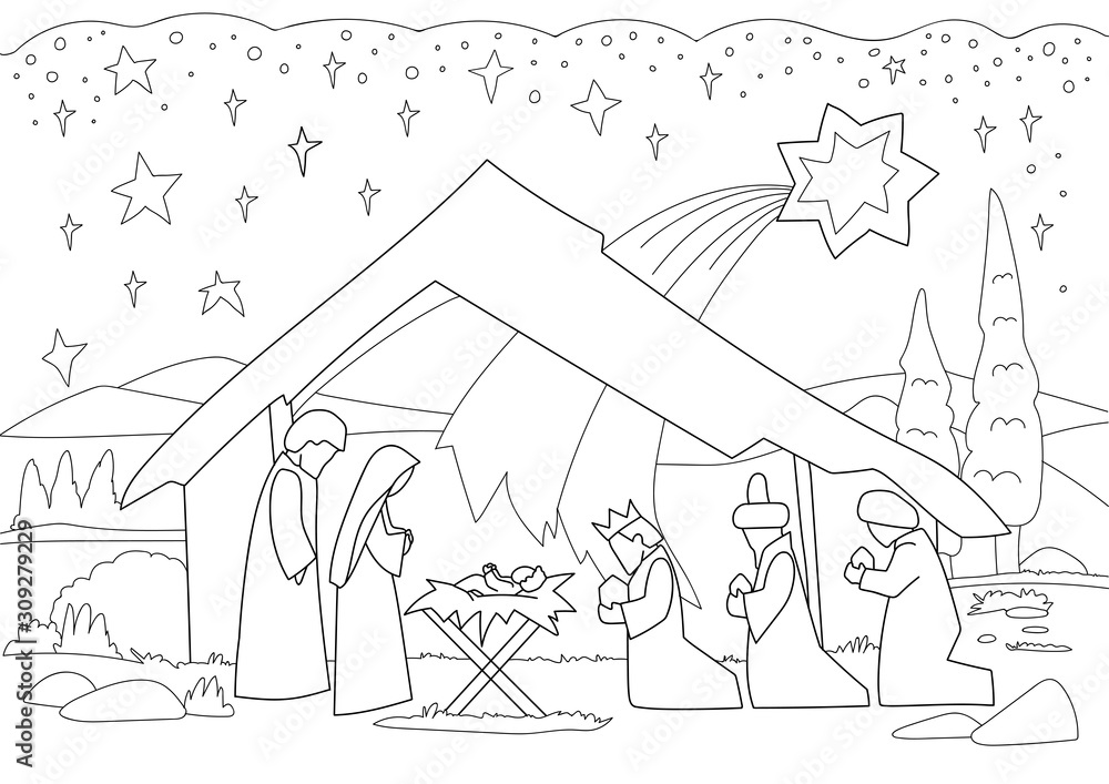 A christmas nativity coloring scene cartoon with baby jesus mary and joseph in the manger and guiding star above vector