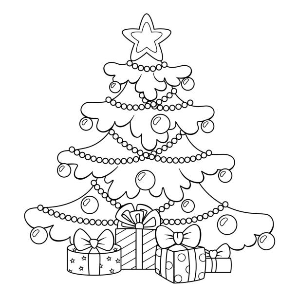 Christmas tree with gifts merry christmas and happy new year greeting card template black and white vector illustration for coloring book stock illustration