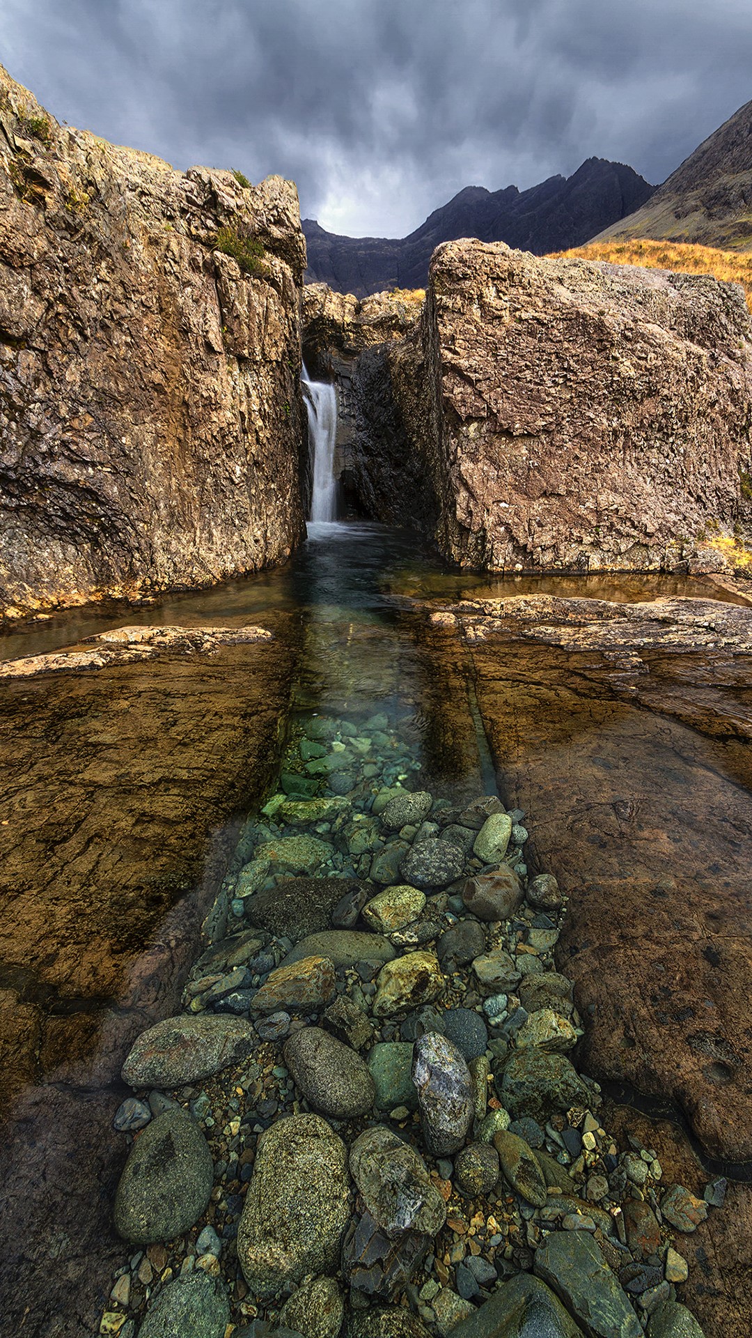 Rock clouds portrait display landscape green mountains water stones nature waterfall