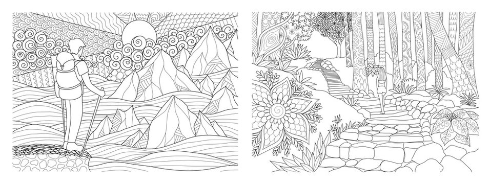 Travelling in nature adult coloring pages collection vector illustration vector