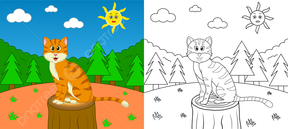 Wildlife cute cartoon cat coloring page with line art vector illustration background coloring page cat nature background image and wallpaper for free download