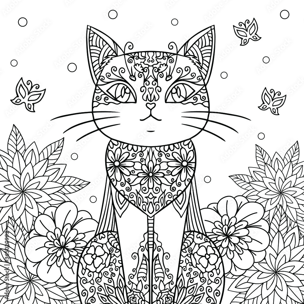 Cat and nature pet in a blossom garden with butterflies coloring book pages for adult outline art with doodle and zentangle elements spring love mood isolated on white vector