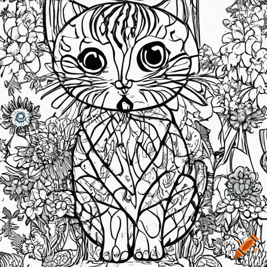 A black and white coloring page for children with cute kawaii style characters with flowers in a nature scene on