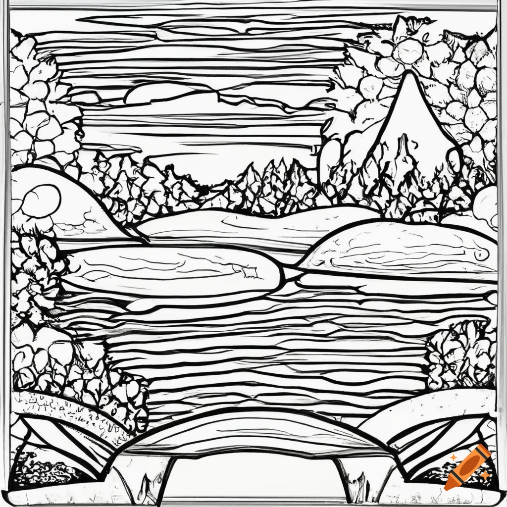 Blank coloring book page serene nature scene with a peaceful lake on