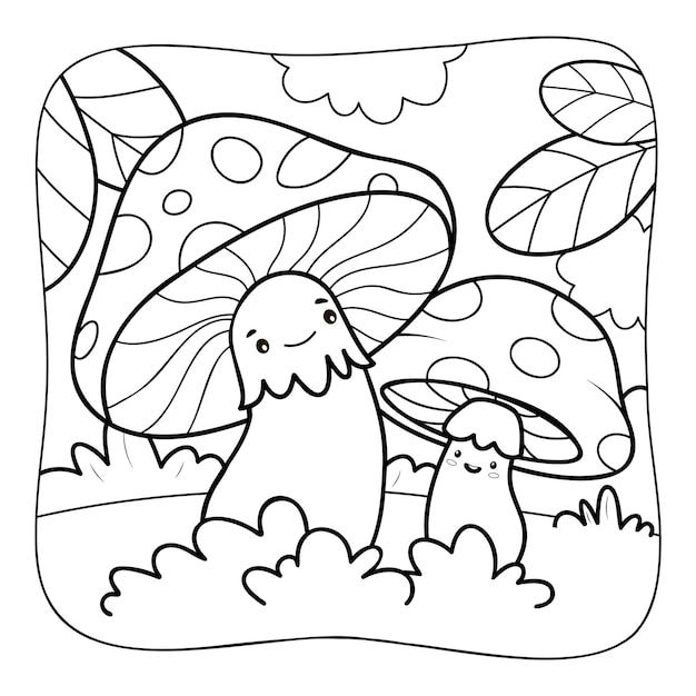 Premium vector mushrooms black and white coloring book or coloring page for kids nature background