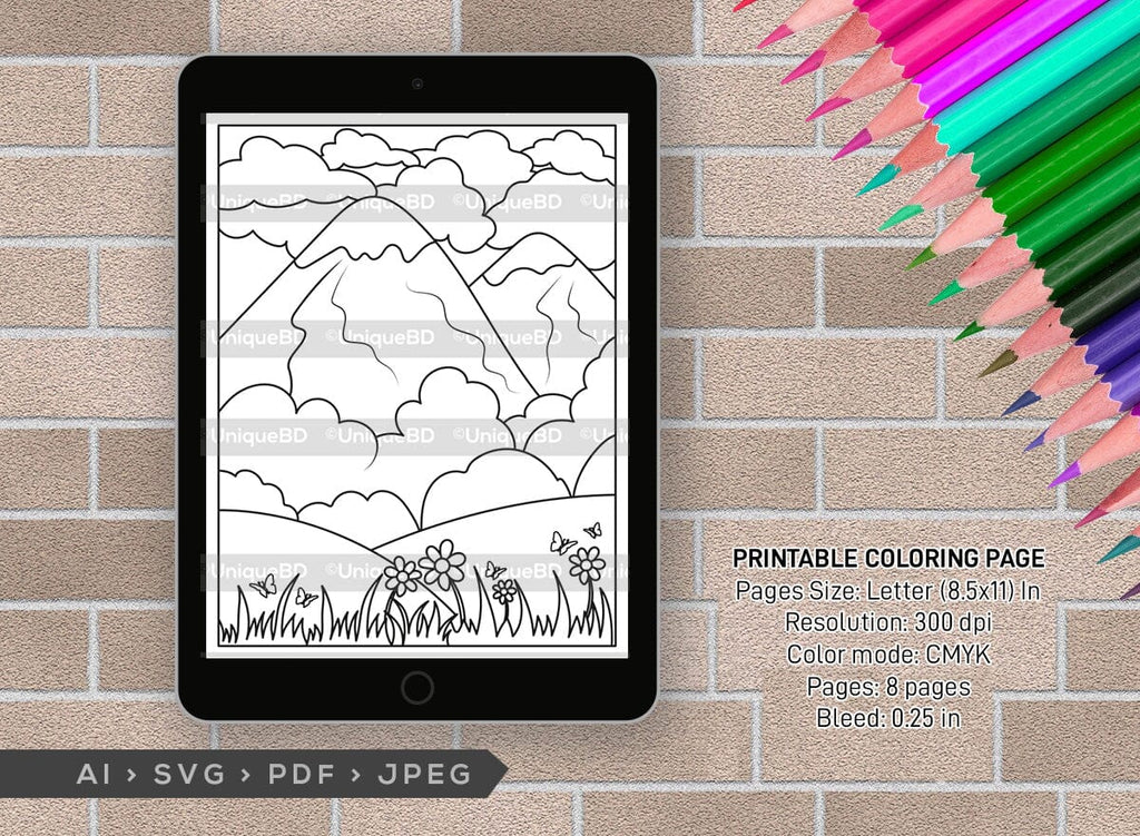 Nature with mountains printable coloring page bundle pdf colouring book instant download cbp