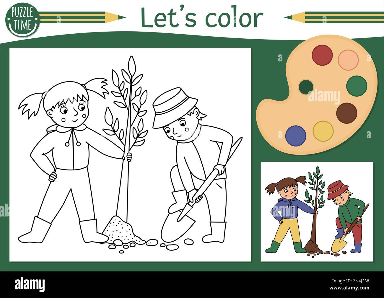 Garden coloring page for children with boy and girl planting a tree vector spring outline illustration adorable nature color book for kids with colo stock vector image art