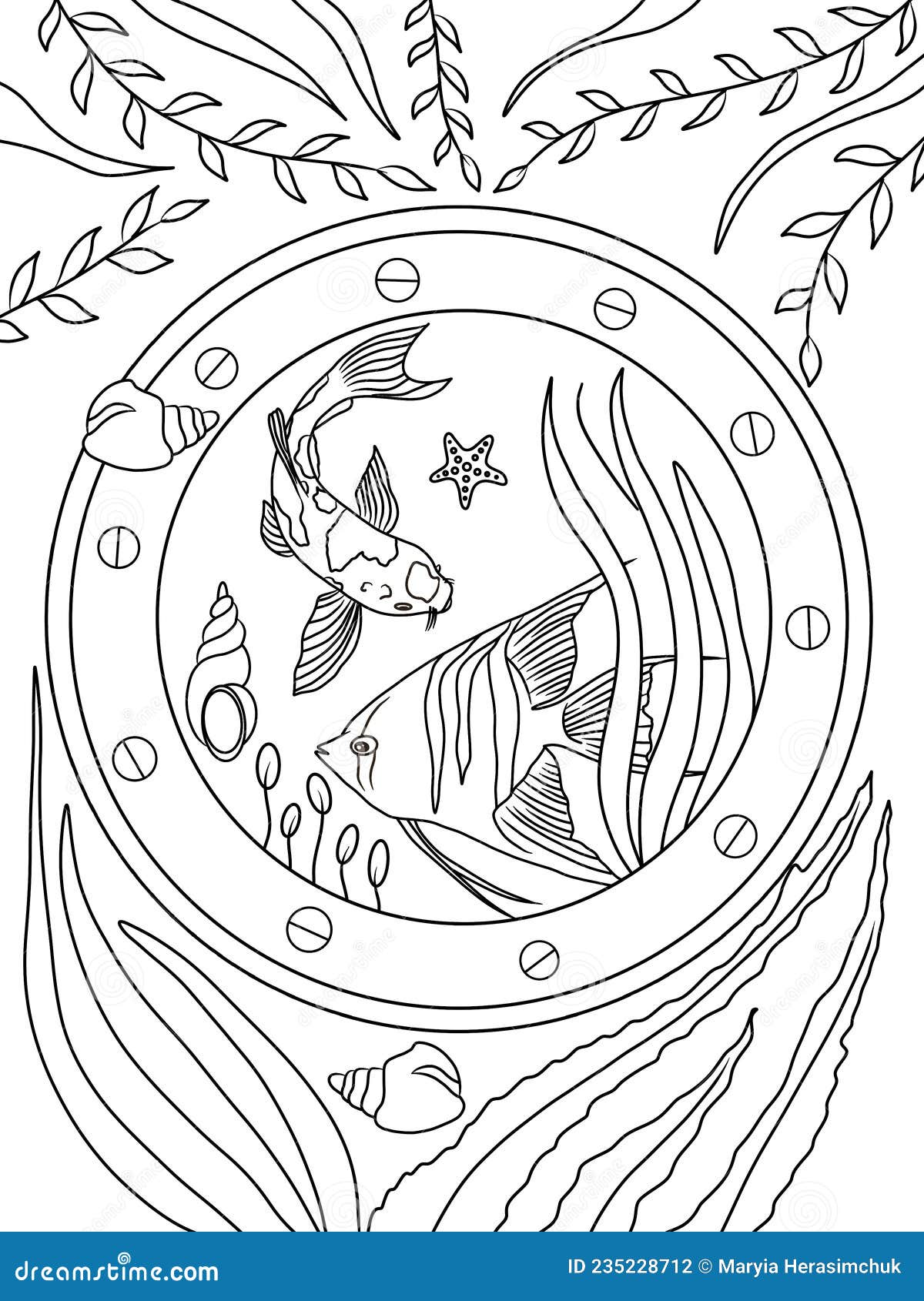 Colouring page with animals and nature stock illustration