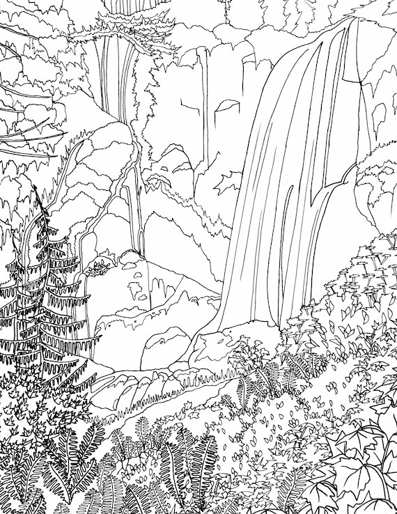Waterfall in the forest adult coloring page adult coloring page nature adult coloring pages waterfall coloring page instant download