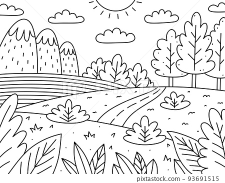 Cute kids coloring page with landscape