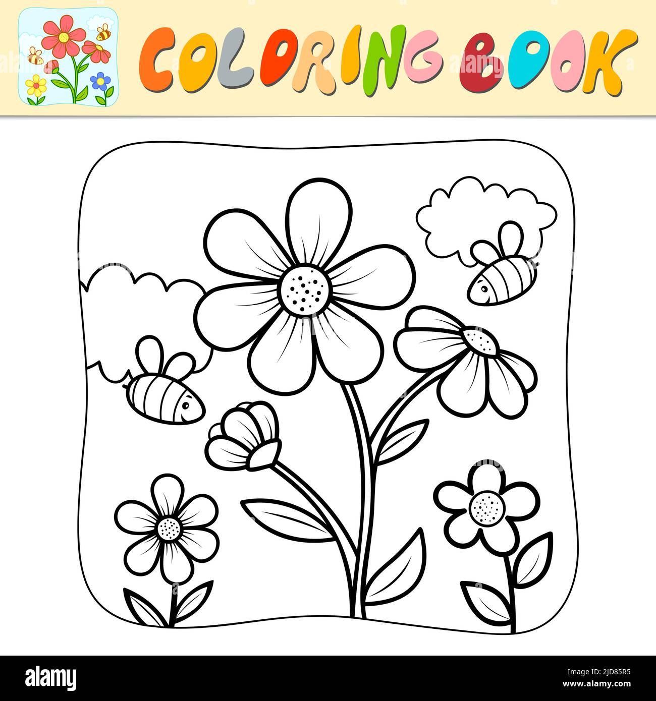 Coloring book or coloring page for kids flower and bees black and white vector illustration nature background stock vector image art