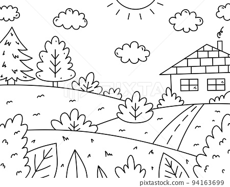 Cute kids coloring page with landscape