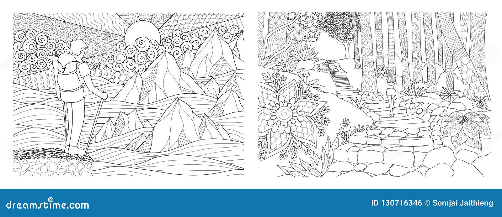 Traveling in nature adult coloring pages collection vector illustration stock vector