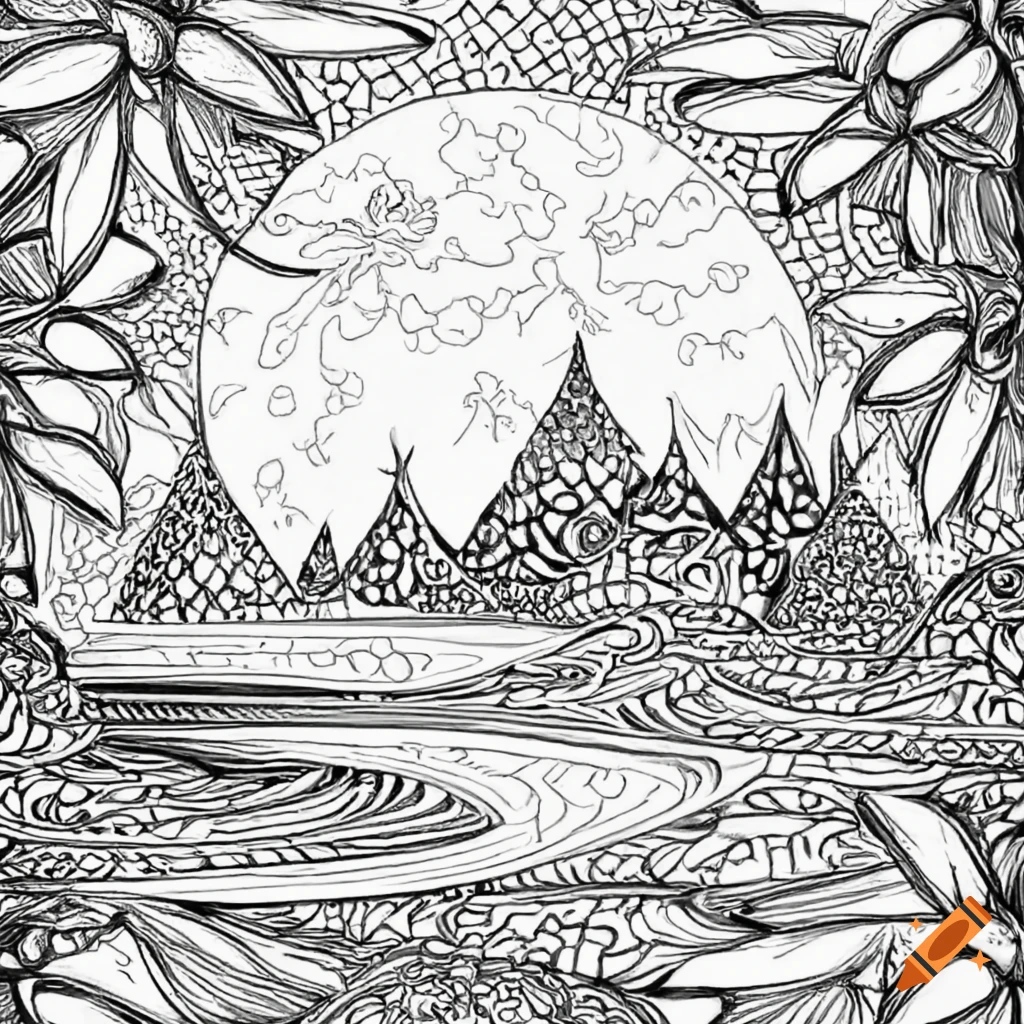 Simple coloring book page of a henna inspired landscape black and white clear defined lines crisp on