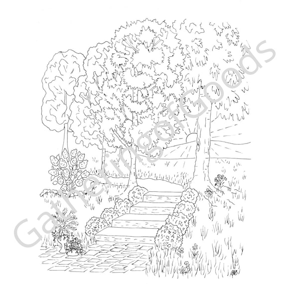 Instant download garden pathway coloring page garden flowers floral beautiful roses trees nature landscape animal