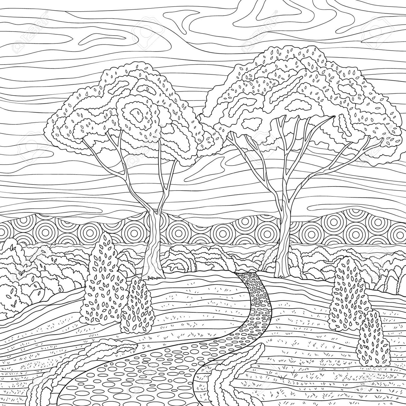 Landscape coloring book page for adult nature field with trees stone road and sky for meditation and anti stress vector illustration with doodle royalty free svg cliparts vectors and stock illustration image