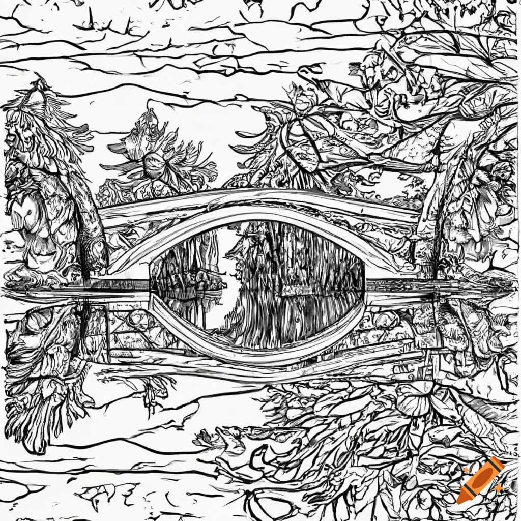 Black and white coloring page of a bridge in nature on