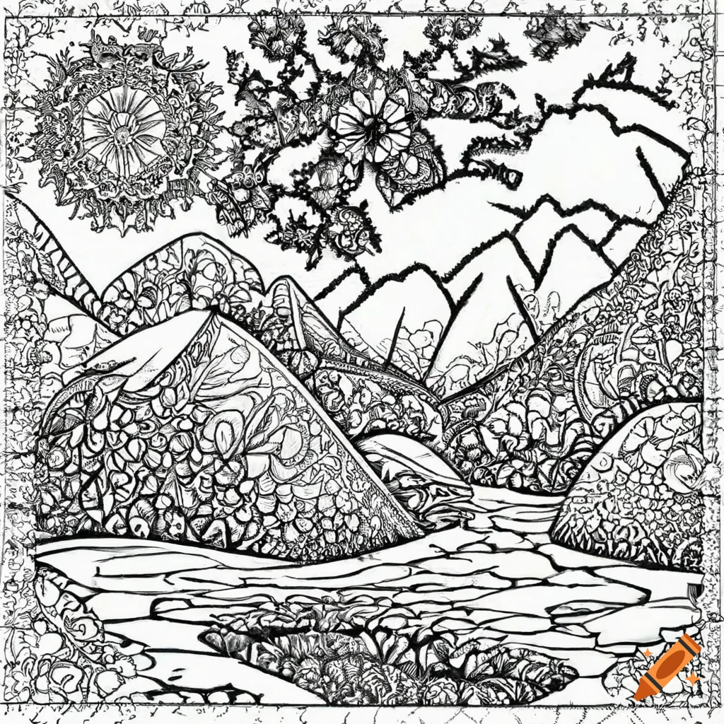 Black and white coloring book page of a mountainous landscape with water feature inspired by fractals inspired by mandella inspired by henna inspired by ukiyo