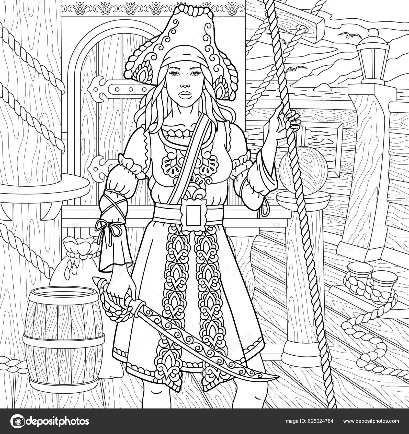 Pirate girl sailing ship adult coloring book page mandala style stock vector by sybirko