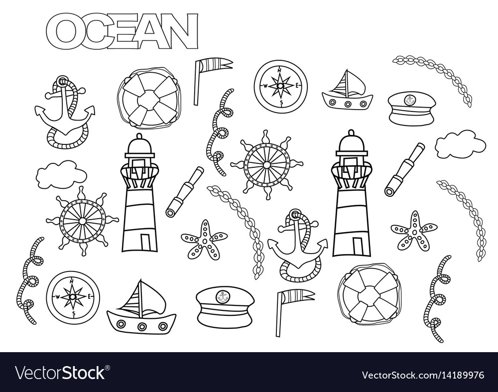 Sea and nautical elements set coloring book page vector image