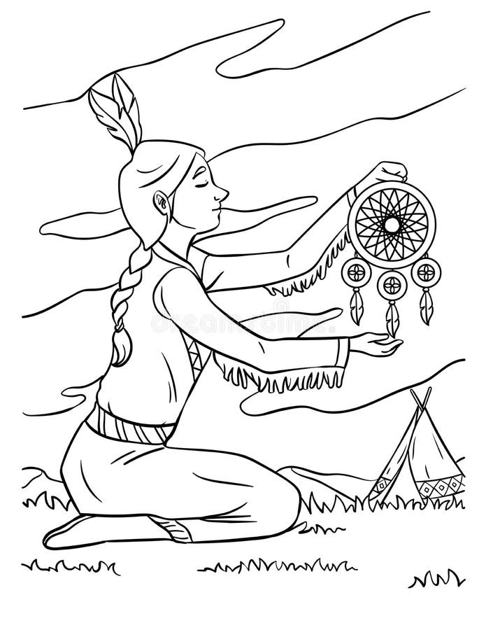 Native american indian girl dreamcatcher coloring stock vector